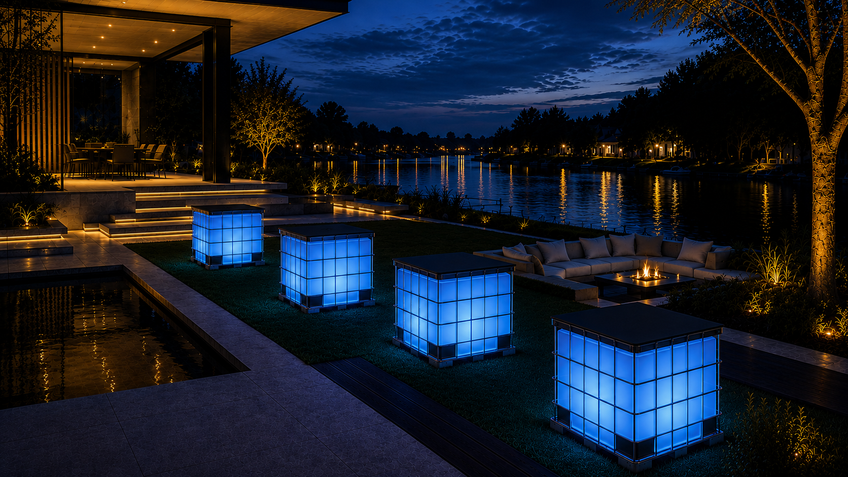 Blauwe LED staantafels en verlichte statafels voor verhuur